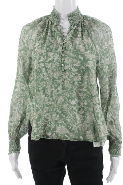 Intermix Womens High Neck Floral Silk Blouse Long Sleeve Green Size 00