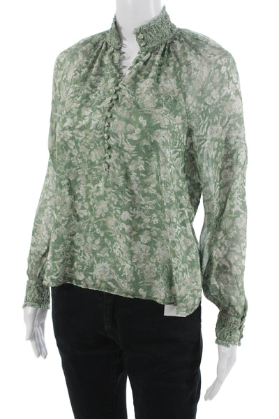 Intermix Womens High Neck Floral Silk Blouse Long Sleeve Green Size 00