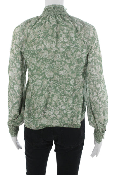 Intermix Womens High Neck Floral Silk Blouse Long Sleeve Green Size 00