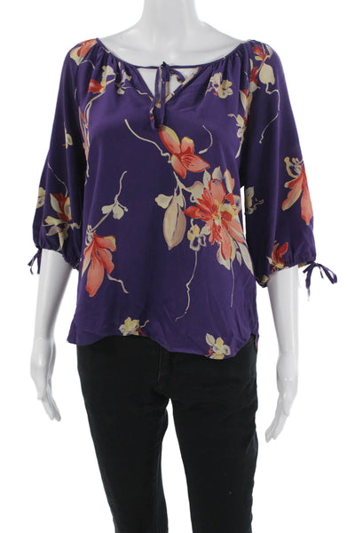 Yumi Kim Women Silk Floral Tunic Blouse Purple Drawstring 3/4 Sleeve Size S