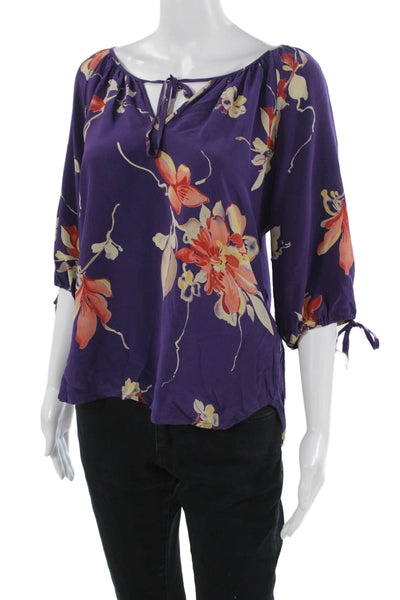 Yumi Kim Women Silk Floral Tunic Blouse Purple Drawstring 3/4 Sleeve Size S