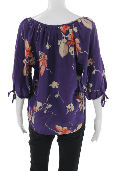 Yumi Kim Women Silk Floral Tunic Blouse Purple Drawstring 3/4 Sleeve Size S