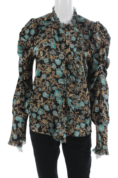 Misa Women Black Floral High Neck Long Sleeve Blouse Button Size XS