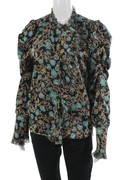 Misa Women Black Floral High Neck Long Sleeve Blouse Button Size XS