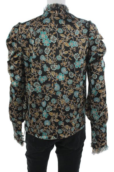 Misa Women Black Floral High Neck Long Sleeve Blouse Button Size XS