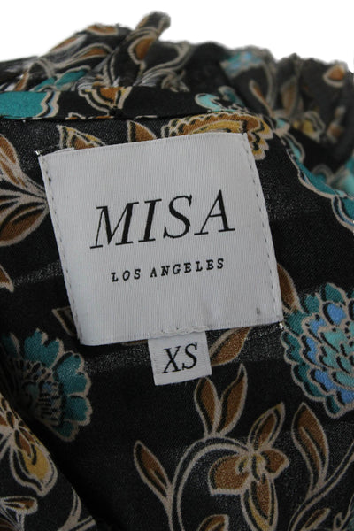 Misa Women Black Floral High Neck Long Sleeve Blouse Button Size XS