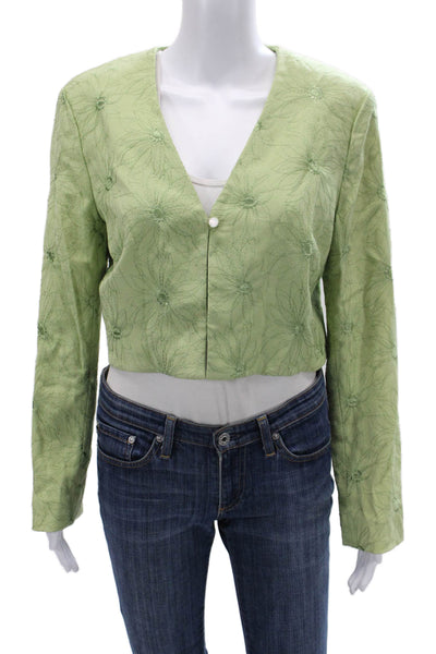 Nicole Miller Women Green Cropped Floral VNeck Long Sleeve Blouse Button Size 8