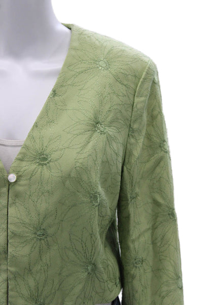 Nicole Miller Women Green Cropped Floral VNeck Long Sleeve Blouse Button Size 8