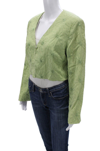 Nicole Miller Women Green Cropped Floral VNeck Long Sleeve Blouse Button Size 8