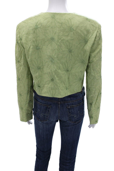 Nicole Miller Women Green Cropped Floral VNeck Long Sleeve Blouse Button Size 8