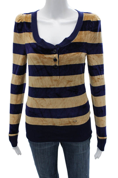 Juicy Couture Women Dark Blue Striped Long Sleeve Button Up Round Neck Size S