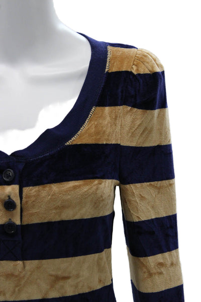 Juicy Couture Women Dark Blue Striped Long Sleeve Button Up Round Neck Size S