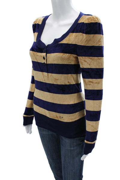 Juicy Couture Women Dark Blue Striped Long Sleeve Button Up Round Neck Size S