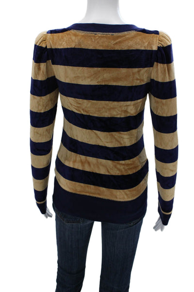 Juicy Couture Women Dark Blue Striped Long Sleeve Button Up Round Neck Size S