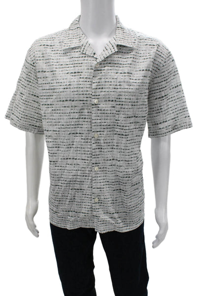 Theory Mens Button Front Short Sleeve Collared Printed Shirt White Gray Size 2XL