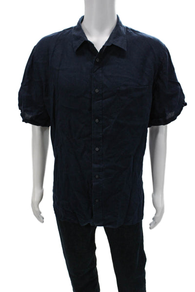 Vince Mens Short Sleeve Button Front Collared Linen Shirt Navy Blue Size 2XL
