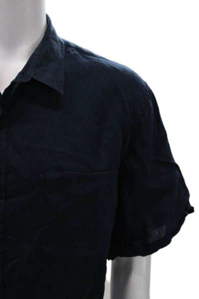 Vince Mens Short Sleeve Button Front Collared Linen Shirt Navy Blue Size 2XL