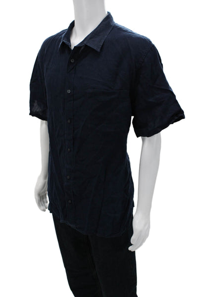 Vince Mens Short Sleeve Button Front Collared Linen Shirt Navy Blue Size 2XL