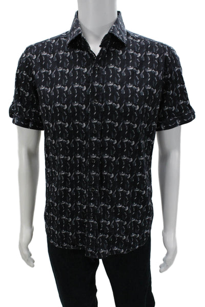 Robert Graham Mens Button Front Short Sleeve Collared Floral Shirt Navy Size XL