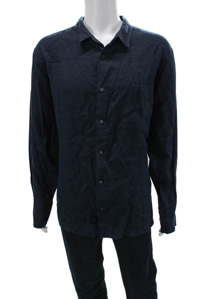 Vince Mens Button Front Long Sleeve Collared Linen Shirt Navy Blue Size 2XL
