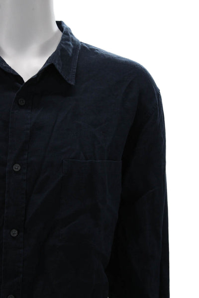 Vince Mens Button Front Long Sleeve Collared Linen Shirt Navy Blue Size 2XL