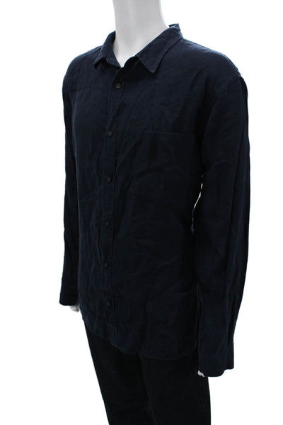 Vince Mens Button Front Long Sleeve Collared Linen Shirt Navy Blue Size 2XL