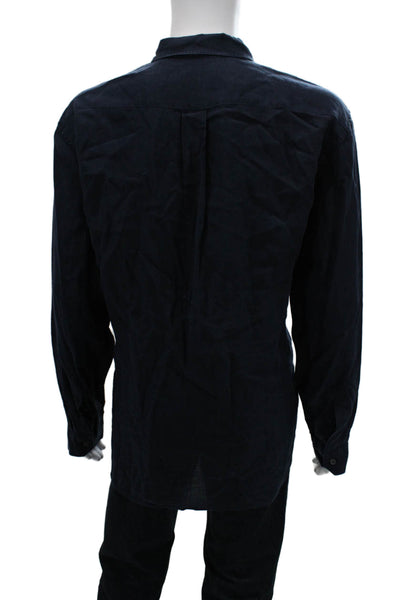 Vince Mens Button Front Long Sleeve Collared Linen Shirt Navy Blue Size 2XL