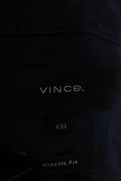 Vince Mens Button Front Long Sleeve Collared Linen Shirt Navy Blue Size 2XL