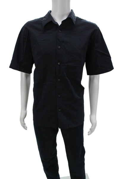 Theory Mens Button Front Short Sleeve Collared Shirt Navy Blue Size XL