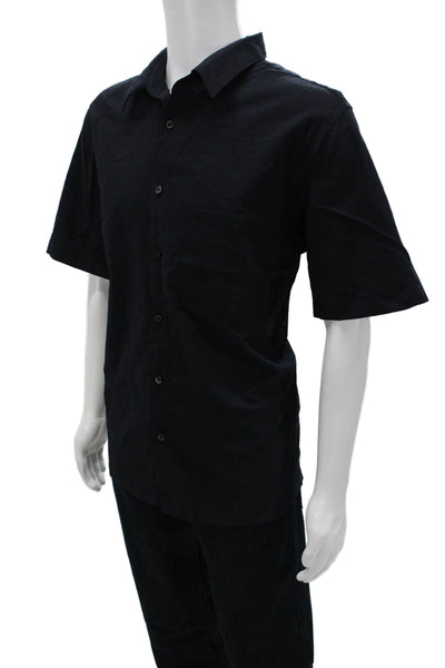 Theory Mens Button Front Short Sleeve Collared Shirt Navy Blue Size XL