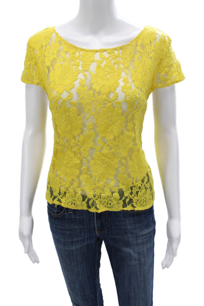 Alice + Olivia Womens Yellow Silk Floral Short Sleeve Blouse Size S