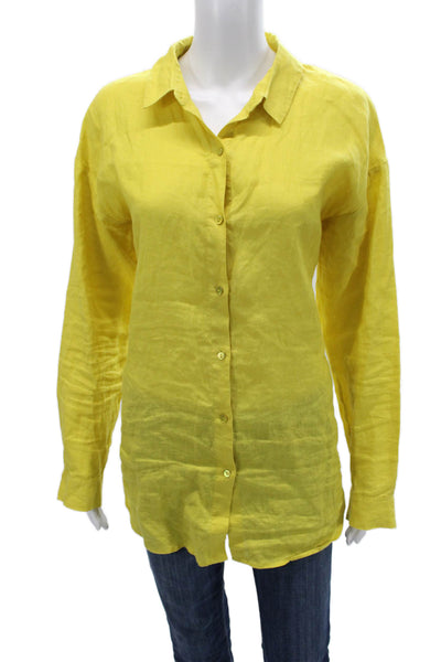 Eileen Fisher Women Collared Button-Up Organic Linen Yellow Long Sleeve Size M