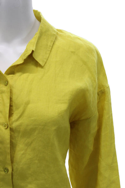 Eileen Fisher Women Collared Button-Up Organic Linen Yellow Long Sleeve Size M