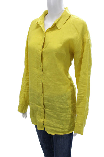 Eileen Fisher Women Collared Button-Up Organic Linen Yellow Long Sleeve Size M