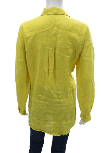 Eileen Fisher Women Collared Button-Up Organic Linen Yellow Long Sleeve Size M