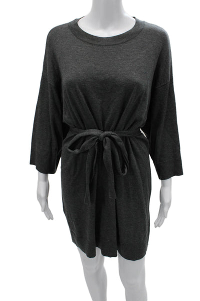 Eileen Fisher Women Sweater Dress Dark Gray 3/4 Sleeve Tie Waist Petite Size S