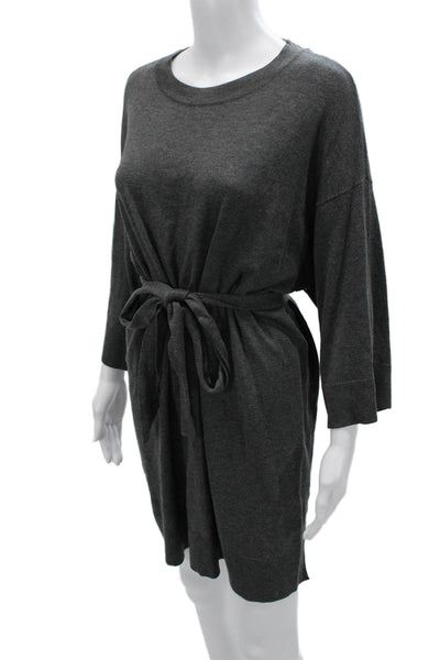 Eileen Fisher Women Sweater Dress Dark Gray 3/4 Sleeve Tie Waist Petite Size S