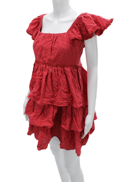 Cinq A Sept Women Fit & Flare Sundress Red Cotton Short Sleeve Size 4