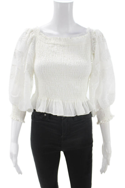 Waimari Women Cropped Bohemian White Square Neck 3/4 Sleeve Blouse Size L