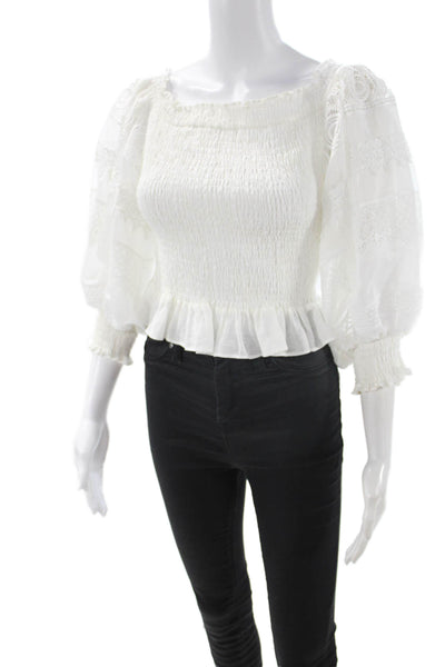 Waimari Women Cropped Bohemian White Square Neck 3/4 Sleeve Blouse Size L