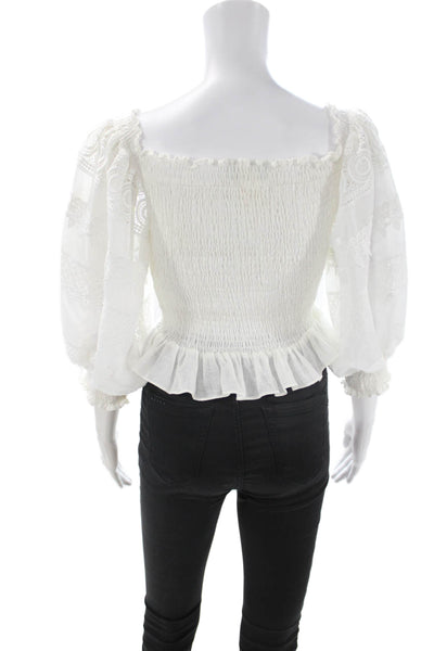 Waimari Women Cropped Bohemian White Square Neck 3/4 Sleeve Blouse Size L