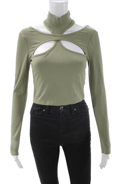 Hours Women Cropped Mock Neck Button Long Sleeve Top Green Size M