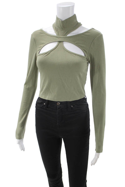 Hours Women Cropped Mock Neck Button Long Sleeve Top Green Size M