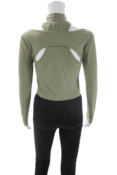 Hours Women Cropped Mock Neck Button Long Sleeve Top Green Size M