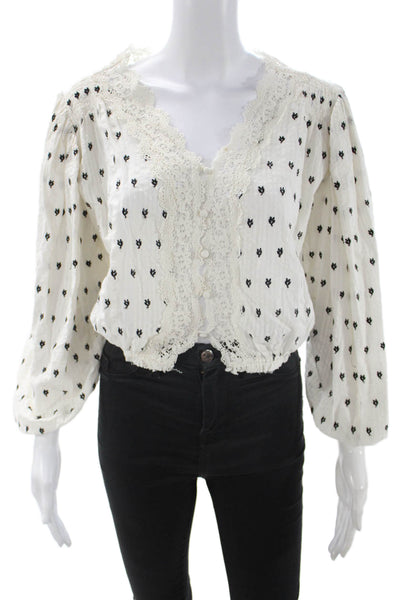 Love Shack Fancy Womens Cropped Floral Blouse White Button Size L