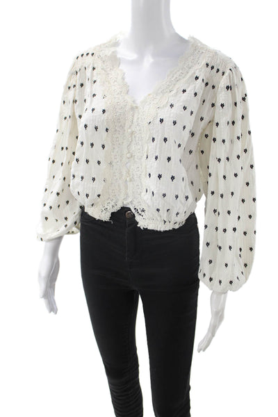Love Shack Fancy Womens Cropped Floral Blouse White Button Size L