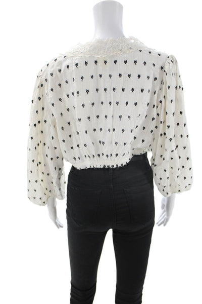 Love Shack Fancy Womens Cropped Floral Blouse White Button Size L