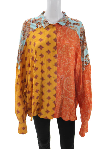 Esteban Cortazar Women Paisley Collared Viscose Button-Up Blouse Yellow Size L