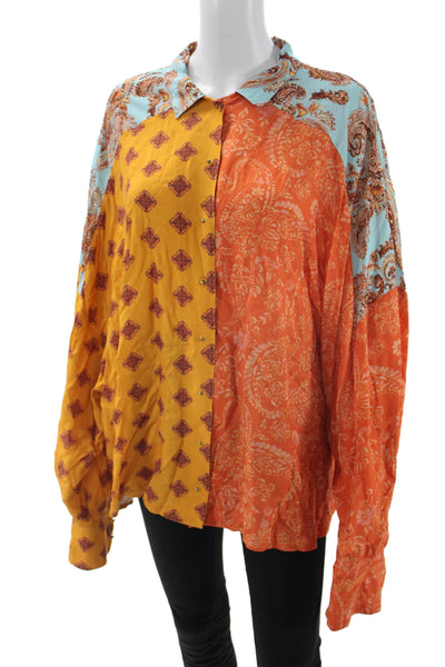 Esteban Cortazar Women Paisley Collared Viscose Button-Up Blouse Yellow Size L