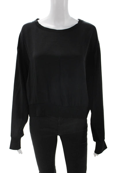 Theory Women Basic Black Linen Round Neck Long Sleeve Blouse Size L
